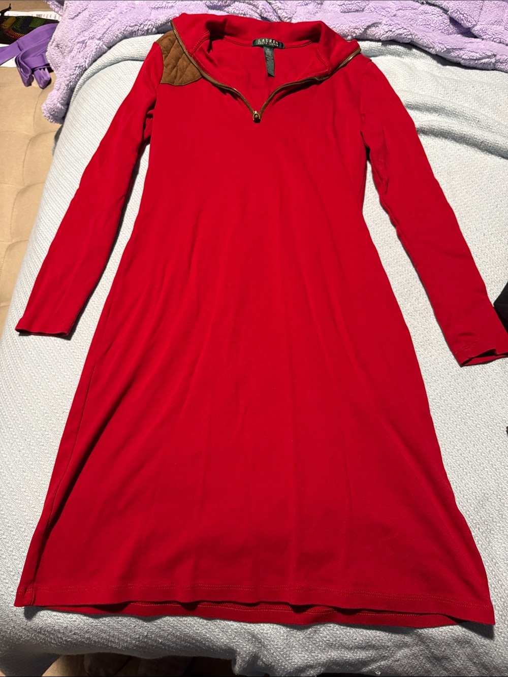 Ralph Lauren Red Zip-Neck Long Sleeve Top with Brown Trim